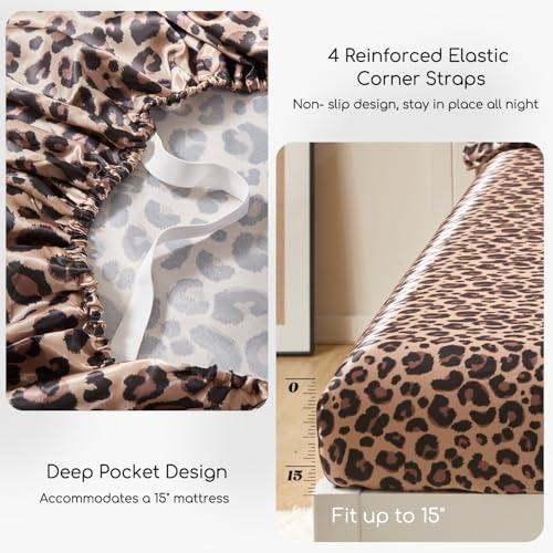 MR&HM Satin Bed Sheets with Elastic Corner Straps, Full Size Sheets Set, 4 Pcs Silky Bedding Set with 15 Inches Deep Pocket for Mattress (Full, Brown Leopard) MR&HM