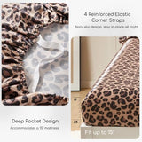 MR&HM Satin Bed Sheets with Elastic Corner Straps, Queen Size Sheets Set, 4 Pcs Silky Bedding Set with 15 Inches Deep Pocket for Mattress (Queen, Brown Leopard) MR&HM