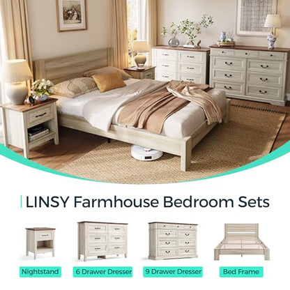 LINSY Queen Bed Frame Wood with Headboard, Farmhouse Bed Frame Queen Size, Wood Platform Bed Fast Assembly, Noise-Free, No Box Spring Needed - Beige - WoodArtSupply