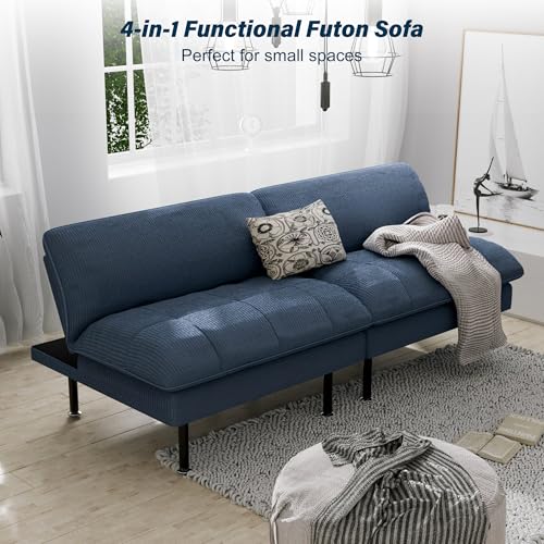 Ribilake 70" Futon Sofa Bed, 4 in 1 Multi-Function Couch Sleeper with Adjustable Backrest, Modern Convertible Futon, Recliner Small Loveseat for Living Room, Dorm, Blue Ribilake
