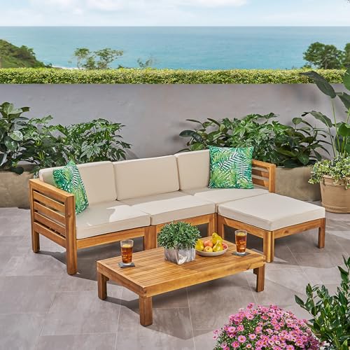 Christopher Knight Home Alice Outdoor 5 Piece Acacia Wood Sofa Set, Teak Finish, Beige Christopher Knight Home