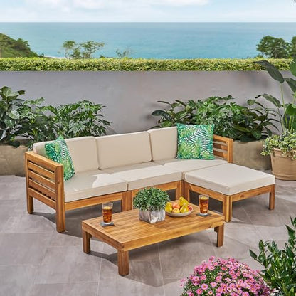 Christopher Knight Home Alice Outdoor 5 Piece Acacia Wood Sofa Set, Teak Finish, Beige - WoodArtSupply