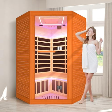 OUTEXER 2-3 Person Sauna Corner Sauna Far Infrared Saunas Room Home Canadian Hemlock Indoor 2100W Low-EMF Dry Saunas with Red Light Therapy Beauty Lamp 47.2 * 47.2 * 74.8inch OUTEXER