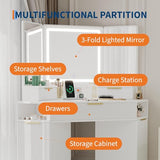 SLEKVERSA Corner Vanity Desk, Vanity Table with Lighted Mirror, Fluted Makeup Desk with Drawers and Cabinets, Corner Dressing Table with Charging Station for Bedroom, White SLEKVERSA