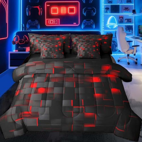 Feelyou Red and Black Bedding Set Full Size Light Geometric Comforter Set with Sheets 7 Piece for Kids Boys Girls Decor Bed in a Bag Modern Bed Set Feelyou