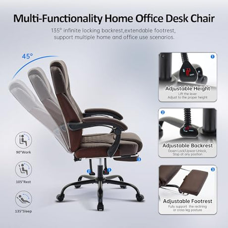 amseatec Office Chair, Big and Tall Office Chair with Foot Rest Ergonomic Desk Chairs Reclining High Back Leather Chairs with Lumbar Support(Brown) amseatec
