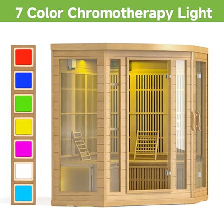 RESTISLAND Infrared Sauna Room for Home, 4 Person Indoor Home Sauna Spa, Far Infrared Canadian Wooden Corner Saunas with 10 Low Emf Heaters, Bluetooth Speakers, 7 Color Chromotherapy Lights RESTISLAND