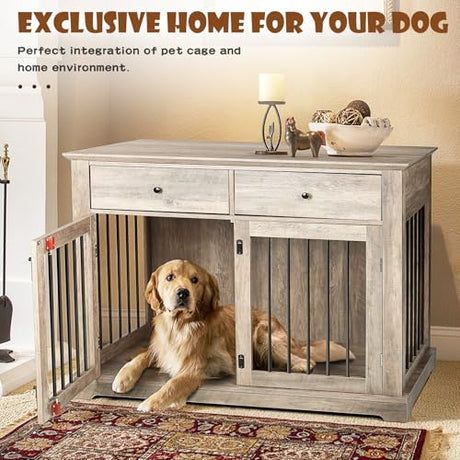 LEMBERI 44 Inch Large Dog Crate Furniture with 2 Storage Drawers, Wooden Dog Kennel Furniture as End Table, Decorative Pet Cage Dog House Indoor for Dogs LEMBERI