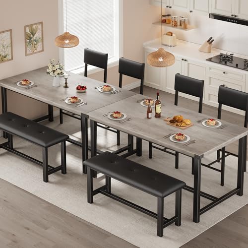 Garvee Wooden Dining Table Set for 4, Kitchen Table and 2 Upholstered Chairs with Bench, Rectangular Dining Room Set, for Small Space, Apartment, Home, Easy Assembly, Retro Gray Garvee