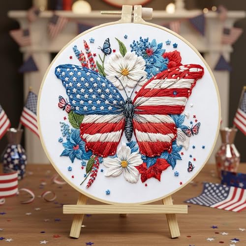 ARTopet Embroidery Kit for Beginners Cross Stitch Kits Independence Day Needlepoint Set for Craft Lover Hand Stitch with Threads 7.87in Hoop Fabric-Butterfly