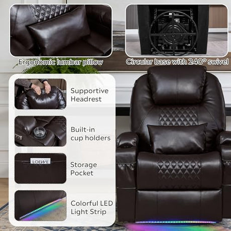 Dual Motor Power Swivel Rocker Recliner Chair for Adults with Heat and Massage,Electric Wall Hugger Glider Rocking Recliner for Nursery Living Room with LED Lights,USB A&C Ports(Brown, Single) DUNELLA