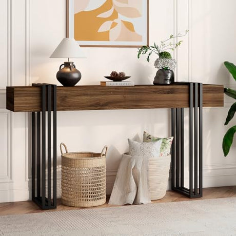 knoworld 63 Inch Console Table for Entryway, Industrial Sofa Tables Couch Table Behind Sofa for Living Room Hallway Foyer, Walnut knoworld