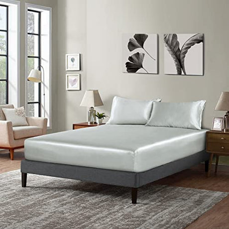 P Pothuiny Satin Fitted Sheet Full Size, 1 Single Fitted Sheet Only, Extra Soft Deep Pocket Bottom Bed Sheets Mattress Cover Fits 12" to 16", Wrinkle Free, Fully Elasticized (Silver Grey) P Pothuiny