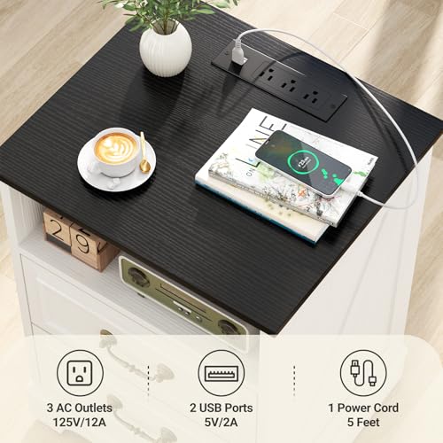 Unikito Farmhouse Nightstand with Charging Station, Bedside Table with 2 Large Drawers & Vintage Handles, Side Table with Open Storage for Bedroom (Antique White) Unikito