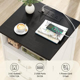 Unikito Farmhouse Nightstand with Charging Station, Bedside Table with 2 Large Drawers & Vintage Handles, Side Table with Open Storage for Bedroom (Antique White) Unikito