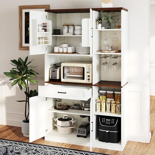71" Kitchen Pantry Cabinet with Charging Station & LED Light,Freestanding Buffet Storage Cabinets with Adjustable Shelves,Farmhouse Kitchen Hutch with Microwave Stand for Dining Room (White+Brown) Anwick