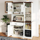 71" Kitchen Pantry Cabinet with Charging Station & LED Light,Freestanding Buffet Storage Cabinets with Adjustable Shelves,Farmhouse Kitchen Hutch with Microwave Stand for Dining Room (White+Brown) Anwick