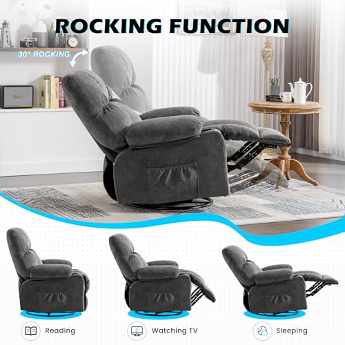MAHOMICO Recliner Chair Oversized Swivel Rocker with Vibration Massage & Lumbar Heating, 360° Swivel, USB Charging Port, Cup Holders & Side Pocket for Living Room