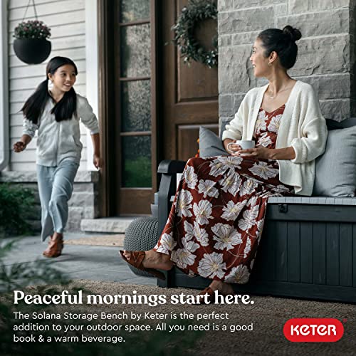 Keter Solana 70 Gallon Storage Bench Deck Box for Patio Furniture, Front Porch Decor and Outdoor Seating – Perfect to Store Garden Tools and Pool Floats, Graphite Keter