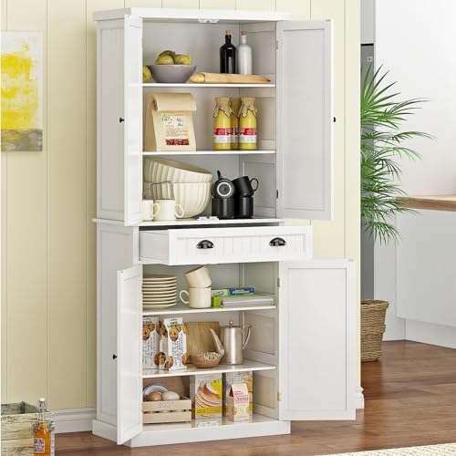 Function Home 72" Kitchen Pantry Cabinet, Tall Storage Cabinet, Freestanding Cupboard with Drawer and Adjustable Shelves, Pantry Cabinets for Kitchen Bathroom Living Room, White - WoodArtSupply