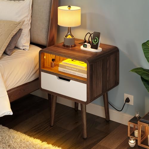 YITAHOME Small Nightstand with Charging Station, Wood Night Stand with Drawer for Bedroom, LED End Table Side Table with Open Shelf, Set of 2, White & Walnut - WoodArtSupply