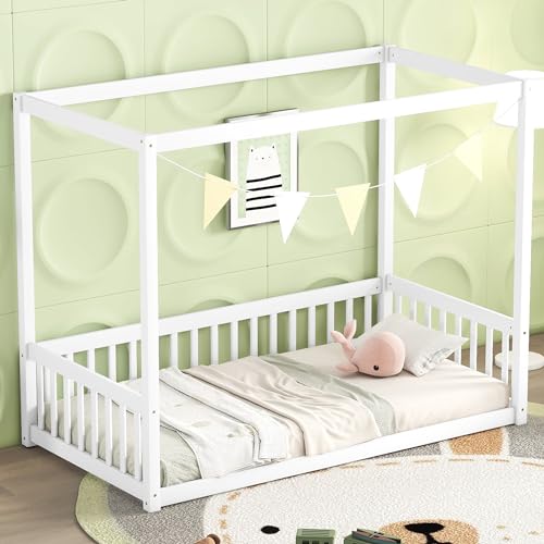 CITYLIGHT Twin Size Wood Canopy Bed with Fence Guardrails,4-Poster Canopy Floor Bed Frame,Low Profile Platform Beds for Kids Girls Boys,White