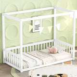 CITYLIGHT White Twin Size Wooden Canopy Bed with Guardrails for Kids CITYLIGHT