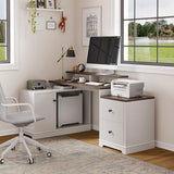 67" L Shaped Executive Desk with Drawers & Storage Shelf, Corner Computer Desk with Power Outlets, Home Office Desk with Monitor Stand, Printer Shelf, Computer Writing Desk for Work, Antique White CASSORA