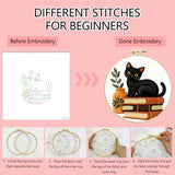 Zhenqing Black Cat Embroidery Kit for Beginners, Pre-Printed 29x29cm Cotton Fabric with 20cm Hoop, Cat on Books with Plant Design for Home Decor(C0075)