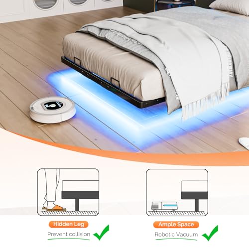 VINGLI Floating Bed Frame Twin Bed with Charging Station and LED Lights,Twin Metal Bed Frame,Cozy Hidden Storage Velvet Upholstered Headboard,No Box Spring Needed,Easy Assembly,Black VINGLI