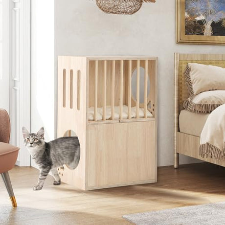 Tangkula 2-Tier Luxury Wood Cat House, Wooden Kitten Cage Condo with 2 Washable Plush Cushions, 2 Access Holes, Indoor Pet Playpen Cat Catio End Side Table Nightstand, Ventilated Cat Bed Furniture Tangkula