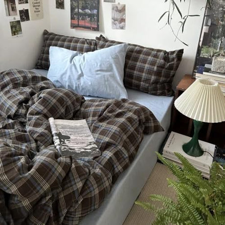 Erwinmu Plaid Duvet Cover Set Queen Size,Brown Blue Gingham Patterned Bedding Set for Girls Boys,Modern Soft Breathable Microfiber Comforter Cover 3 Pieces with Zipper Closure and 2 Pillow Shams Erwinmu