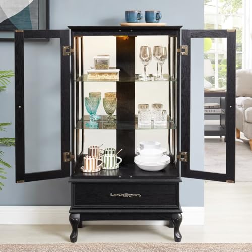 51.58" Lighted Curio Cabinet with Glass Doors and Adjustable Shelves 2 Door Wine Cabinet Display Curio Cabinet with LED Lights Light Black Finish and Drawer for Home Decor and Storage, Black JIJIWANG