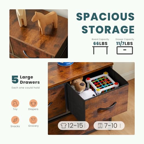 NEWBULIG Dresser for Bedroom, Brown Dresser and TV Stand with 5 Storage Drawers, Dressers & Chests of Drawers with Fabric Bins, Sturdy Metal Frame, Wood Tabletop for Closet, Clothes Organizer NEWBULIG