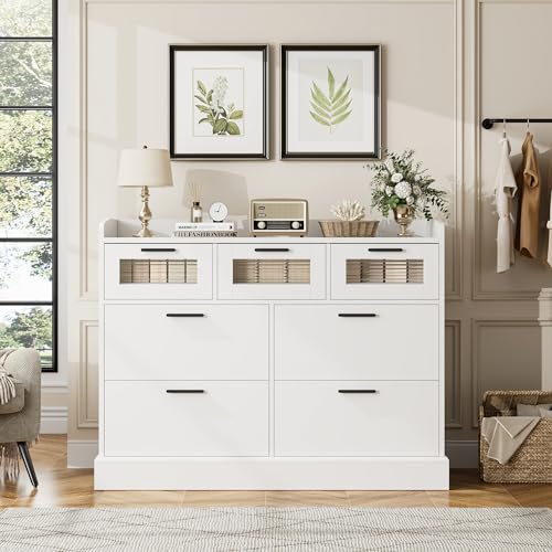 HOSTACK Modern 7 Drawer Double Dresser for Bedroom, Wide Chest of Drawers with Fence, Wood Storage Organizer with Metal Handle & Fluted Glass, Accent Storage Cabinet for Living Room, Entryway, White HOSTACK