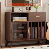 IRONCK Large Record Player Stand, 500+ Vinyl Record Storage Cabinet with Drawer, Record Player Table with Sliding Door & Flip-Top, Mid-Century Modern Turntable Stand for Living Room, Red Walnut IRONCK