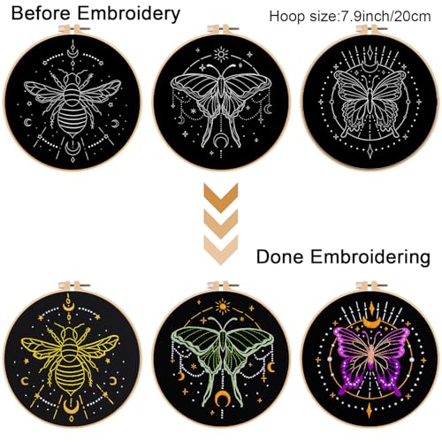 Louise Maelys 3 Sets Tarot Embroidery Kits for Beginners,Cross Stitch Kit for Adults,Crewel Starters Needlepoint with Moon, Butterfly, Bee and Moth Pattern and Tool
