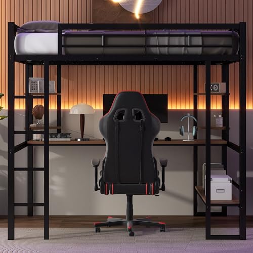 SOFTSEA Heavy-Duty Full Size Metal Loft Bed with Integrated Desk and Storage Shelves - WoodArtSupply