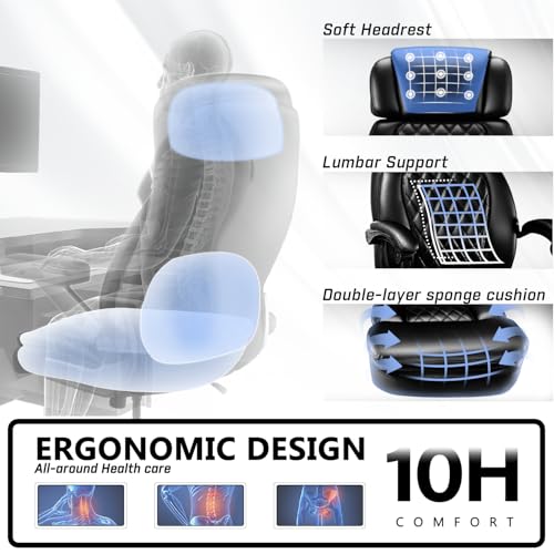 400lbs Executive Office Chair with Foot Rest for Heavy People, Ergonomic Big and Tall Desk Chair with Adjustable Headrest, High Back PU Leather Comfy Heavy Duty Computer Chair with Spring Cushion WAILOR