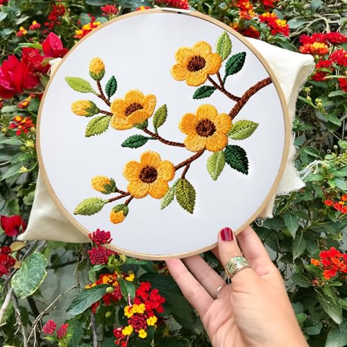INFUNLY 4 Pack Seasons Flowers Embroidery Starter Kit for Beginners Branches Leaves DIY Embroidery Kits for Adults Stamped Needlepoint Set with Step-by-Step Instructions Threads Craft Lover Gift