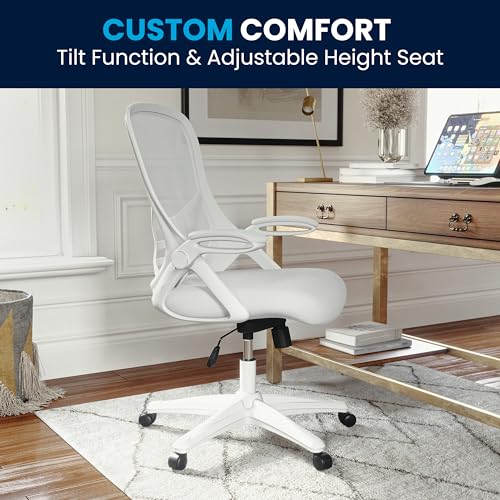 Flash Furniture Porter High-Back Swivel Office Chair with Adjustable Lumbar Support and Height, Ergonomic Mesh Desk Chair with Flip-Up Armrests, White Flash Furniture