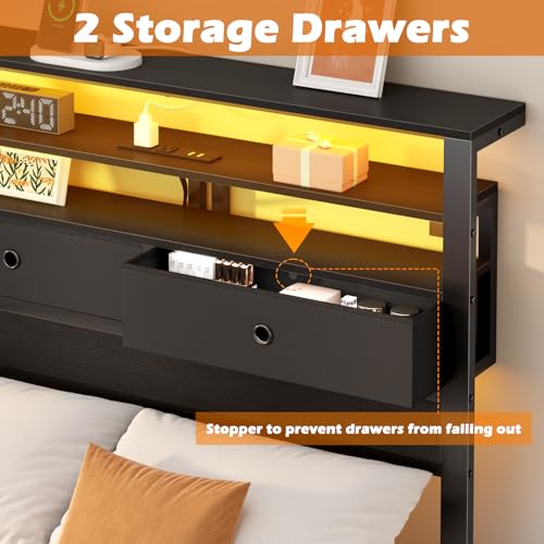 Furnulem Twin Bed Frames with Charging Station and LED Lights, Wood Headboard with 2 Fabric Drawers and Storage Shelves, Twin Size Platform Bed with Metal Slats, No Box Spring Needed, Black Oak Furnulem