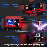 OYUMOENTS Full Size Gaming Loft Bed with Desk and LED Lights, Wood Loft Bed with Storage Shelves & USB Ports, Full Size Loft Beds Frame for Adults Kids Teens, Black+Red OYUMOENTS