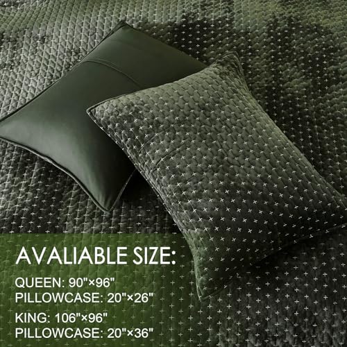 Powdion Velvet Quilt Queen Size, Oversized Bedspread Quilted Bedding Set, Luxurious Soft Coverlet Set Lightweight Velvet Comforter for All Season with Pillow Shams 90x96 Army Green Striped Queen Powdion