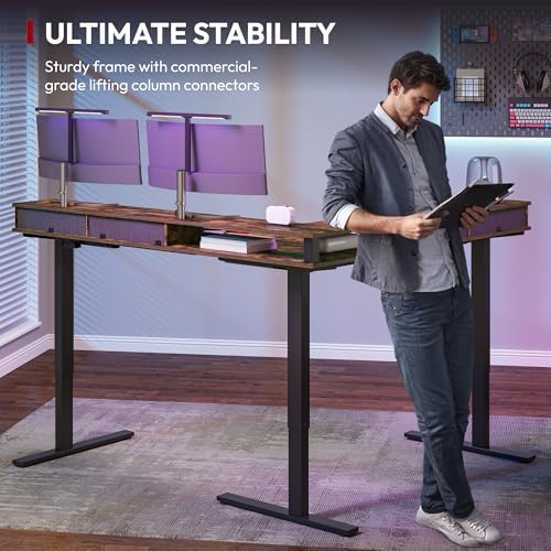 SANODESK 71" L Shaped Standing Desk with 4 Drawers, Height Adjustable Stand up Desk, Corner Gaming Desk with Monitor Stand, Black Frame/Rustic Brown Top SANODESK