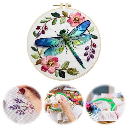 Dragonfly Floral Embroidery Kit for Adults - 11.81x11.81in Pre-Stamped Pattern Cross Stitch Kit with 7.87 Inch Bamboo Hoop, Floss, Needles - DIY Craft Kit for Home Decoration & Gift Giving