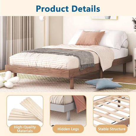 Dolonm Twin Size Floating Bed Frame, Modern Low Profile Platform Bed Frame, Floating Design Bed Slats Support, Noise Free, No Box Spring Needed, Easy Assembly, Walnut Dolonm