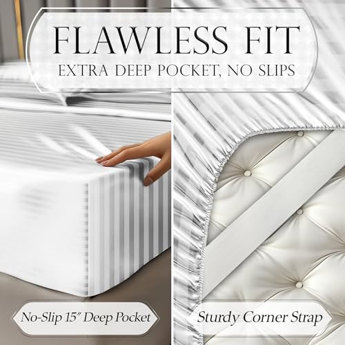 DECOLURE Satin Bed Sheets - 6 Piece Luxury Silky King Size Bedding Set - Softer Than Silk, Wrinkle-Free with 15” Deep Pocket Fitted Sheet, Perfect for Hair & Skin, Gifts for Women (Striped White) DECOLURE