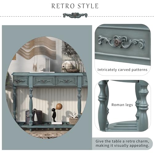 Knocbel Vintage Entry 4-Drawer Console Table with Open Slatted Shelf, Entryway Hallway Foyer Sofa Table with Legs, 52" W x 13" D x 32" H (Antique Blue) Knocbel