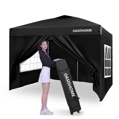 OASISHOME Pop-up Gazebo Instant Portable Canopy Tent 10'x10', with 4 Sidewalls, Windows, Wheeled Bag, for Patio/Outdoor/Wedding Parties and Events (10FTx10FT, Black) OASISHOME